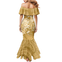 Yellow Polynesia Hammerhead Shark Tattoo With Plumeria Lei Family Matching Mermaid Dress and Hawaiian Shirt