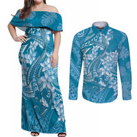 Blue Polynesia Hammerhead Shark Tattoo With Plumeria Lei Couples Matching Off Shoulder Maxi Dress and Long Sleeve Button Shirt LT14 Blue - Polynesian Pride