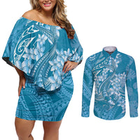 Blue Polynesia Hammerhead Shark Tattoo With Plumeria Lei Couples Matching Off Shoulder Short Dress and Long Sleeve Button Shirt LT14 Blue - Polynesian Pride