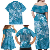 Blue Polynesia Hammerhead Shark Tattoo With Plumeria Lei Family Matching Off Shoulder Maxi Dress and Hawaiian Shirt