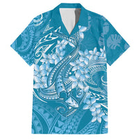 Blue Polynesia Hammerhead Shark Tattoo With Plumeria Lei Family Matching Off Shoulder Maxi Dress and Hawaiian Shirt