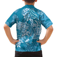 Blue Polynesia Hammerhead Shark Tattoo With Plumeria Lei Family Matching Summer Maxi Dress and Hawaiian Shirt