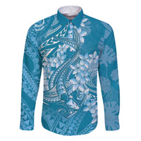 Blue Polynesia Hammerhead Shark Tattoo With Plumeria Lei Family Matching Summer Maxi Dress and Hawaiian Shirt