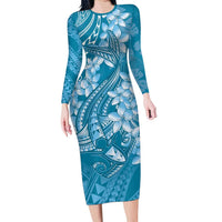 Blue Polynesia Hammerhead Shark Tattoo With Plumeria Lei Long Sleeve Bodycon Dress LT14 Long Dress Blue - Polynesian Pride
