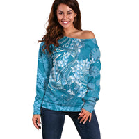 Blue Polynesia Hammerhead Shark Tattoo With Plumeria Lei Off Shoulder Sweater LT14 Women Blue - Polynesian Pride