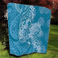 Blue Polynesia Hammerhead Shark Tattoo With Plumeria Lei Quilt