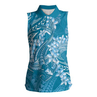 Blue Polynesia Hammerhead Shark Tattoo With Plumeria Lei Women Sleeveless Polo Shirt