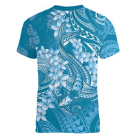 Blue Polynesia Hammerhead Shark Tattoo With Plumeria Lei Women V-Neck T-Shirt