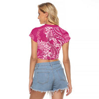 Pink Polynesia Hammerhead Shark Tattoo With Plumeria Lei Raglan Cropped T Shirt