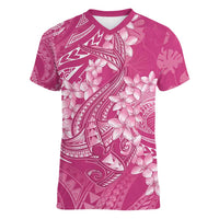 Pink Polynesia Hammerhead Shark Tattoo With Plumeria Lei Women V-Neck T-Shirt LT14 Female Pink - Polynesian Pride