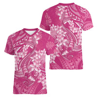 Pink Polynesia Hammerhead Shark Tattoo With Plumeria Lei Women V-Neck T-Shirt LT14 - Polynesian Pride