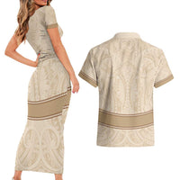 Mauri Ribaberiki Kiribati Couples Matching Short Sleeve Bodycon Dress and Hawaiian Shirt Cowrie Shells Lei Palm Leaf Weaving