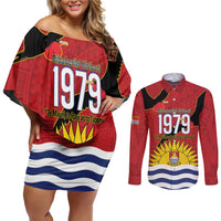 Mauri Kiribati Independence Day Couples Matching Off Shoulder Short Dress and Long Sleeve Button Shirt 1979 Proud National Frigatebird