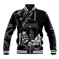 Black Hafa Adai Guam Baseball Jacket Chamorro Latte Stone Hand With Plumeria