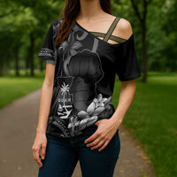 Black Hafa Adai Guam Cross Shoulder Shirt Chamorro Latte Stone Hand With Plumeria - Polynesian Pride