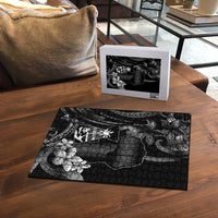 Black Hafa Adai Guam Puzzle Chamorro Latte Stone Hand With Plumeria - Polynesian Pride