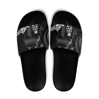 Black Hafa Adai Guam Slide Sandals Chamorro Latte Stone Hand With Plumeria - Polynesian Pride
