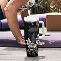 Black Hafa Adai Guam Tumbler With Handle Chamorro Latte Stone Hand With Plumeria