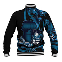 Blue Hafa Adai Guam Baseball Jacket Chamorro Latte Stone Hand With Plumeria LT14 - Polynesian Pride