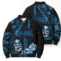 Blue Hafa Adai Guam Bomber Puffer Jacket Chamorro Latte Stone Hand With Plumeria - Polynesian Pride