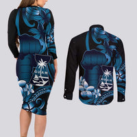 Blue Hafa Adai Guam Couples Matching Long Sleeve Bodycon Dress and Long Sleeve Button Shirt Chamorro Latte Stone Hand With Plumeria
