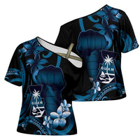 Blue Hafa Adai Guam Cross Shoulder Shirt Chamorro Latte Stone Hand With Plumeria - Polynesian Pride