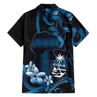 Blue Hafa Adai Guam Family Matching Off The Shoulder Long Sleeve Dress and Hawaiian Shirt Chamorro Latte Stone Hand With Plumeria