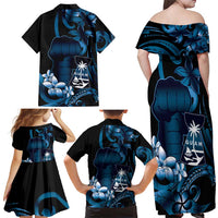 Blue Hafa Adai Guam Family Matching Off Shoulder Maxi Dress and Hawaiian Shirt Chamorro Latte Stone Hand With Plumeria