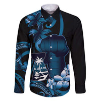 Blue Hafa Adai Guam Family Matching Puletasi and Hawaiian Shirt Chamorro Latte Stone Hand With Plumeria LT14 Dad's Shirt - Long Sleeve Blue - Polynesian Pride
