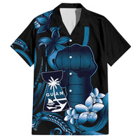 Blue Hafa Adai Guam Family Matching Short Sleeve Bodycon Dress and Hawaiian Shirt Chamorro Latte Stone Hand With Plumeria
