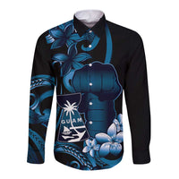 Blue Hafa Adai Guam Long Sleeve Button Shirt Chamorro Latte Stone Hand With Plumeria LT14 Unisex Blue - Polynesian Pride