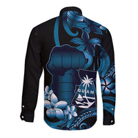 Blue Hafa Adai Guam Long Sleeve Button Shirt Chamorro Latte Stone Hand With Plumeria LT14 - Polynesian Pride