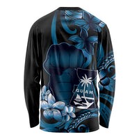 Blue Hafa Adai Guam Long Sleeve Shirt Chamorro Latte Stone Hand With Plumeria