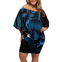 Blue Hafa Adai Guam Off Shoulder Short Dress Chamorro Latte Stone Hand With Plumeria