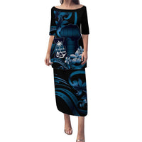 Blue Hafa Adai Guam Puletasi Chamorro Latte Stone Hand With Plumeria LT14 Long Dress Blue - Polynesian Pride