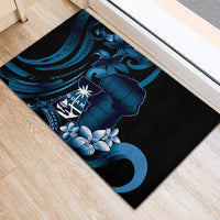 Blue Hafa Adai Guam Rubber Doormat Chamorro Latte Stone Hand With Plumeria