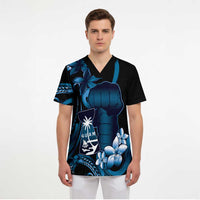Blue Hafa Adai Guam Scrub Top Chamorro Latte Stone Hand With Plumeria - Polynesian Pride