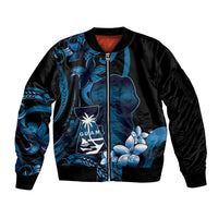 Blue Hafa Adai Guam Sleeve Zip Bomber Jacket Chamorro Latte Stone Hand With Plumeria LT14 Unisex Blue - Polynesian Pride