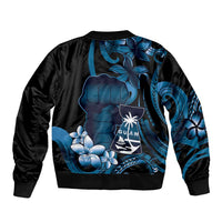 Blue Hafa Adai Guam Sleeve Zip Bomber Jacket Chamorro Latte Stone Hand With Plumeria LT14 - Polynesian Pride