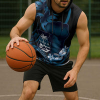 Blue Hafa Adai Guam Sleeveless Hoodie Chamorro Latte Stone Hand With Plumeria - Polynesian Pride