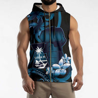 Blue Hafa Adai Guam Sleeveless Zip Hoodie Chamorro Latte Stone Hand With Plumeria - Polynesian Pride