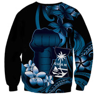 Blue Hafa Adai Guam Sweatshirt Chamorro Latte Stone Hand With Plumeria LT14 - Polynesian Pride