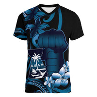 Blue Hafa Adai Guam Women V-Neck T-Shirt Chamorro Latte Stone Hand With Plumeria LT14 Female Blue - Polynesian Pride
