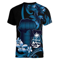 Blue Hafa Adai Guam Women V-Neck T-Shirt Chamorro Latte Stone Hand With Plumeria LT14 - Polynesian Pride
