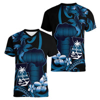 Blue Hafa Adai Guam Women V-Neck T-Shirt Chamorro Latte Stone Hand With Plumeria LT14 - Polynesian Pride