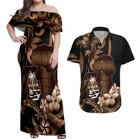 Brown Hafa Adai Guam Couples Matching Off Shoulder Maxi Dress and Hawaiian Shirt Chamorro Latte Stone Hand With Plumeria