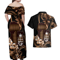 Brown Hafa Adai Guam Couples Matching Off Shoulder Maxi Dress and Hawaiian Shirt Chamorro Latte Stone Hand With Plumeria