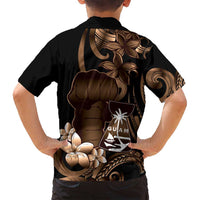 Brown Hafa Adai Guam Family Matching Off Shoulder Maxi Dress and Hawaiian Shirt Chamorro Latte Stone Hand With Plumeria