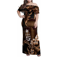 Brown Hafa Adai Guam Family Matching Off Shoulder Maxi Dress and Hawaiian Shirt Chamorro Latte Stone Hand With Plumeria