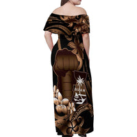 Brown Hafa Adai Guam Family Matching Off Shoulder Maxi Dress and Hawaiian Shirt Chamorro Latte Stone Hand With Plumeria